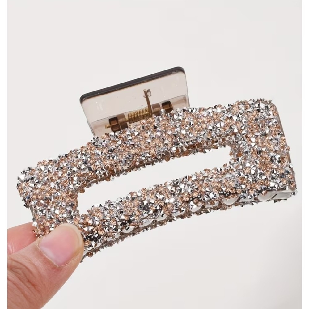 Champagne Silver Rhinestone Rectangular Hair Claw Clip Geometric Crystal Bling